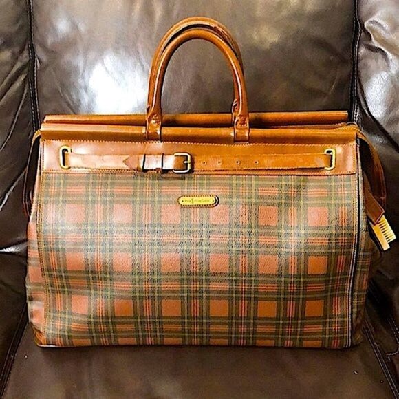 RALPH LAUREN Tartan Plaid Brown Green Doctor Bag Boston Weekend Travel Suitcase - Picture 16 of 17